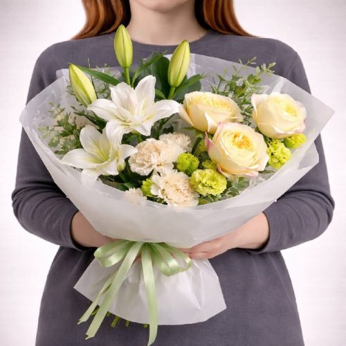 Букет из лилий и садовых роз «Молочная нежность»